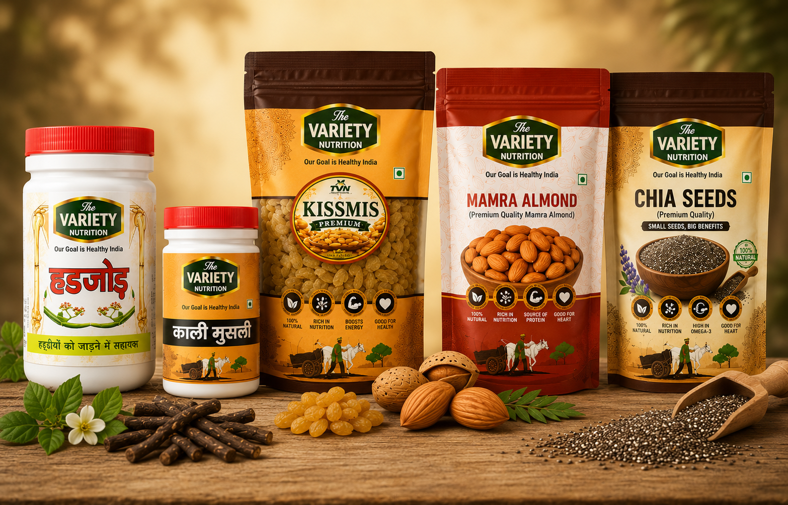 The Variety Nutrition product range — premium dry fruits, nuts, seeds and Ayurvedic herbs